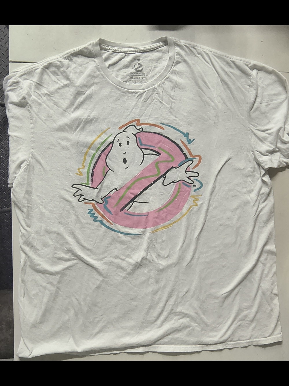MAD Engine White Ghostbusters Logo Short Sleeve Tee with Pink Accent